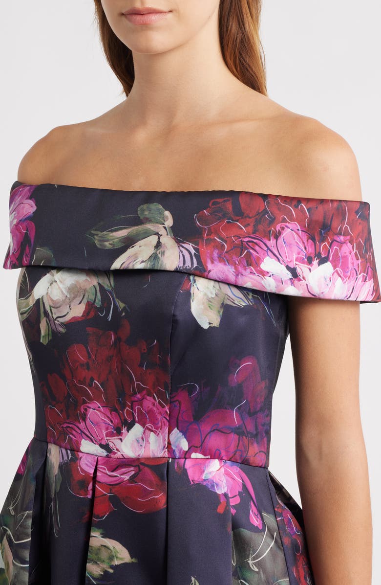 Eliza J Floral Off-the-Shoulder Gown, Alternate, color, Navy Multi