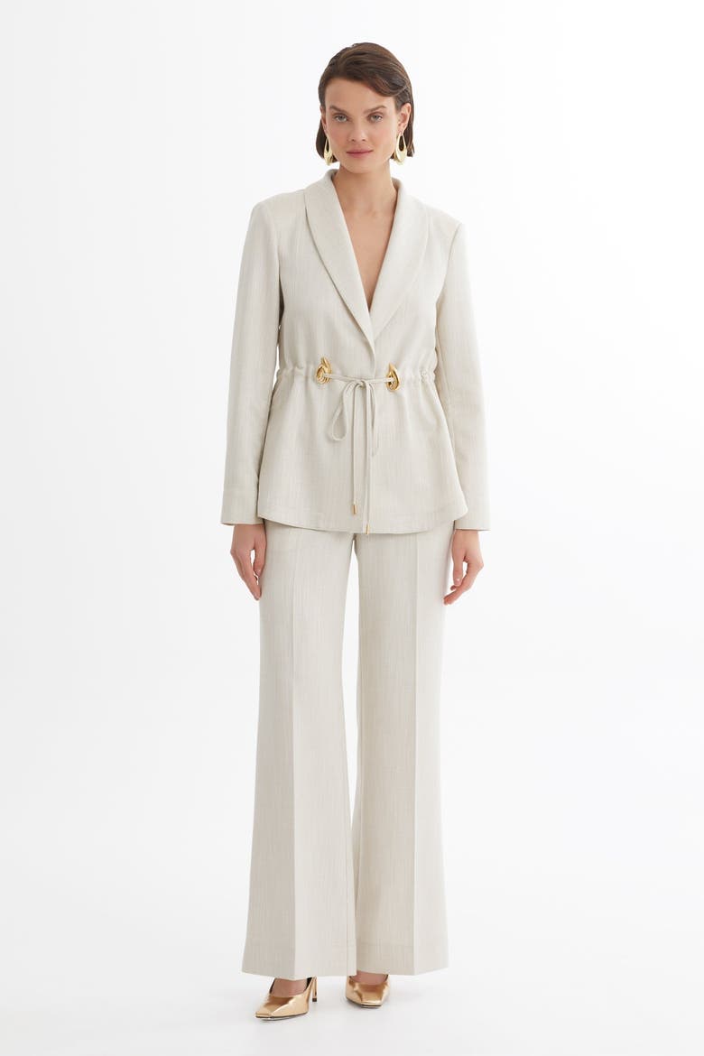 Ecru Shawl Collar Drawstring Waist Blazer and Pants Set, Main, color, Ivory
