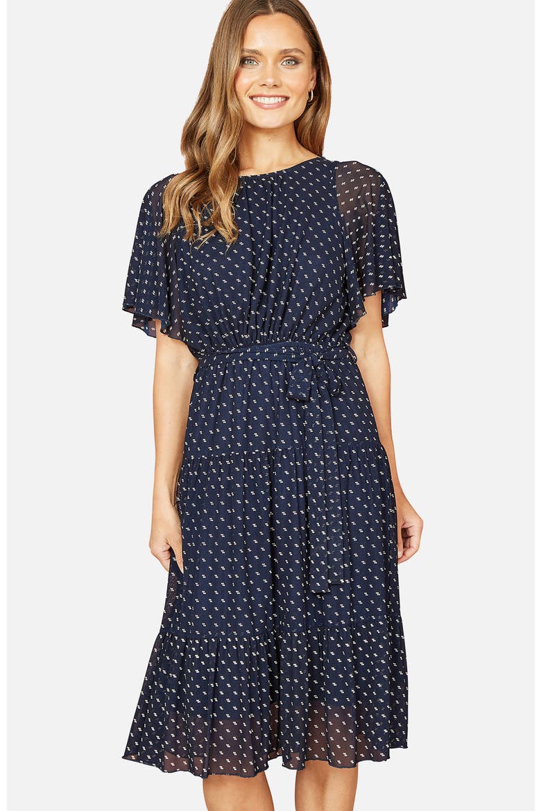 Dot Print Mesh Stretch Midi Dress, Alternate, color, Navy