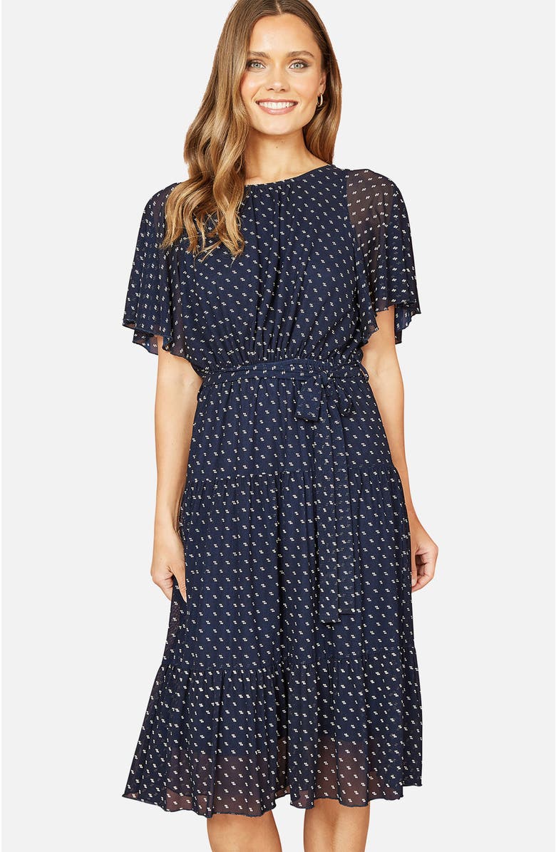 Yumi Dot Print Mesh Stretch Midi Dress, Alternate, color, Navy