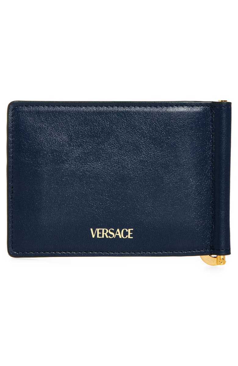 Versace Medusa Money Clip Leather Bifold Wallet, Alternate, color, Midnight Blue-Versace Gold