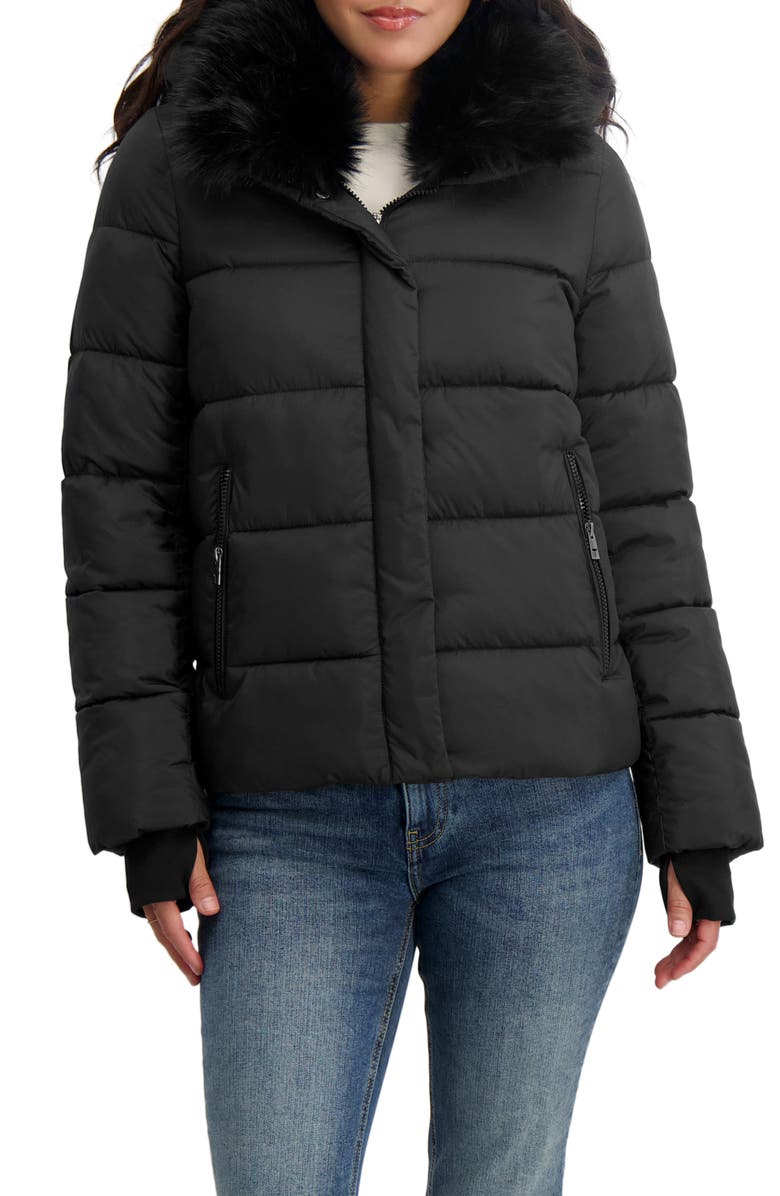 Tahari Vera Faux Fur Trim Hooded Puffer Coat, Main, color, Black
