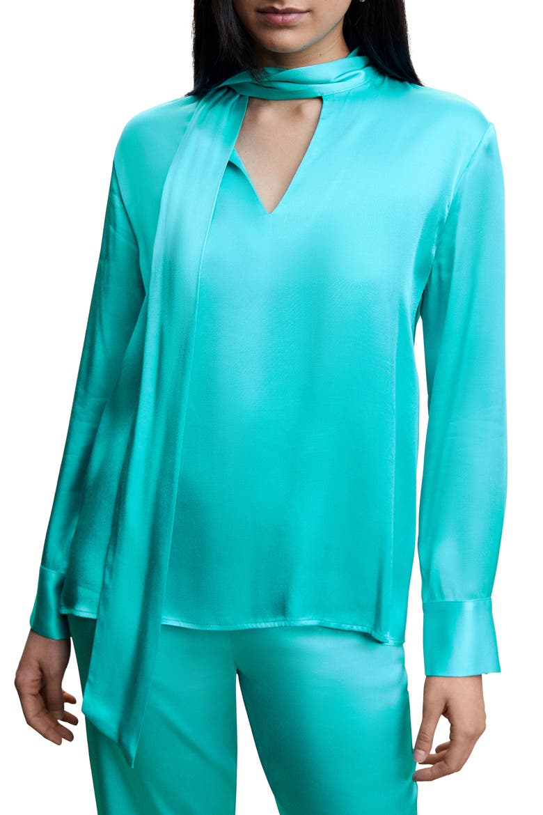 Tie Neck Satin Blouse, Main, color, TURQUOISE