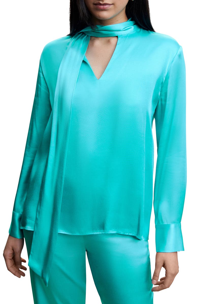 MANGO Tie Neck Satin Blouse, Main, color, 