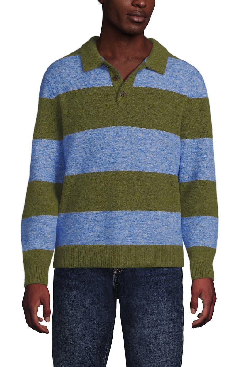 Lands' End Long Sleeve Fuzzy Sweater Polo, Alternate, color, Olive Drab Heather Stripe