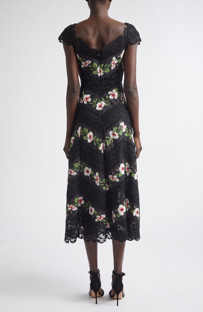 Oscar de la Renta Chiné Hibiscus Stripe Faille Midi Dress, Alternate, color, Black