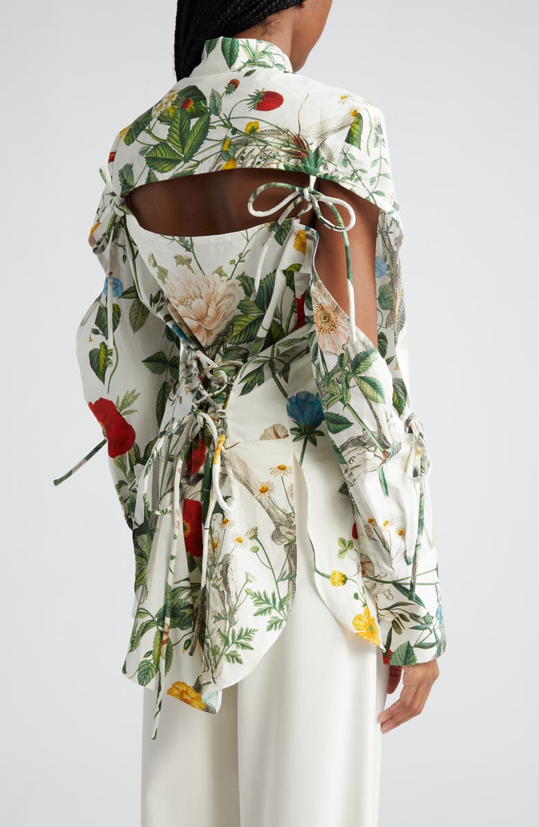 MONSE Floral Skeleton Print Cutout Cotton Button-Up Shirt, Alternate, color, 