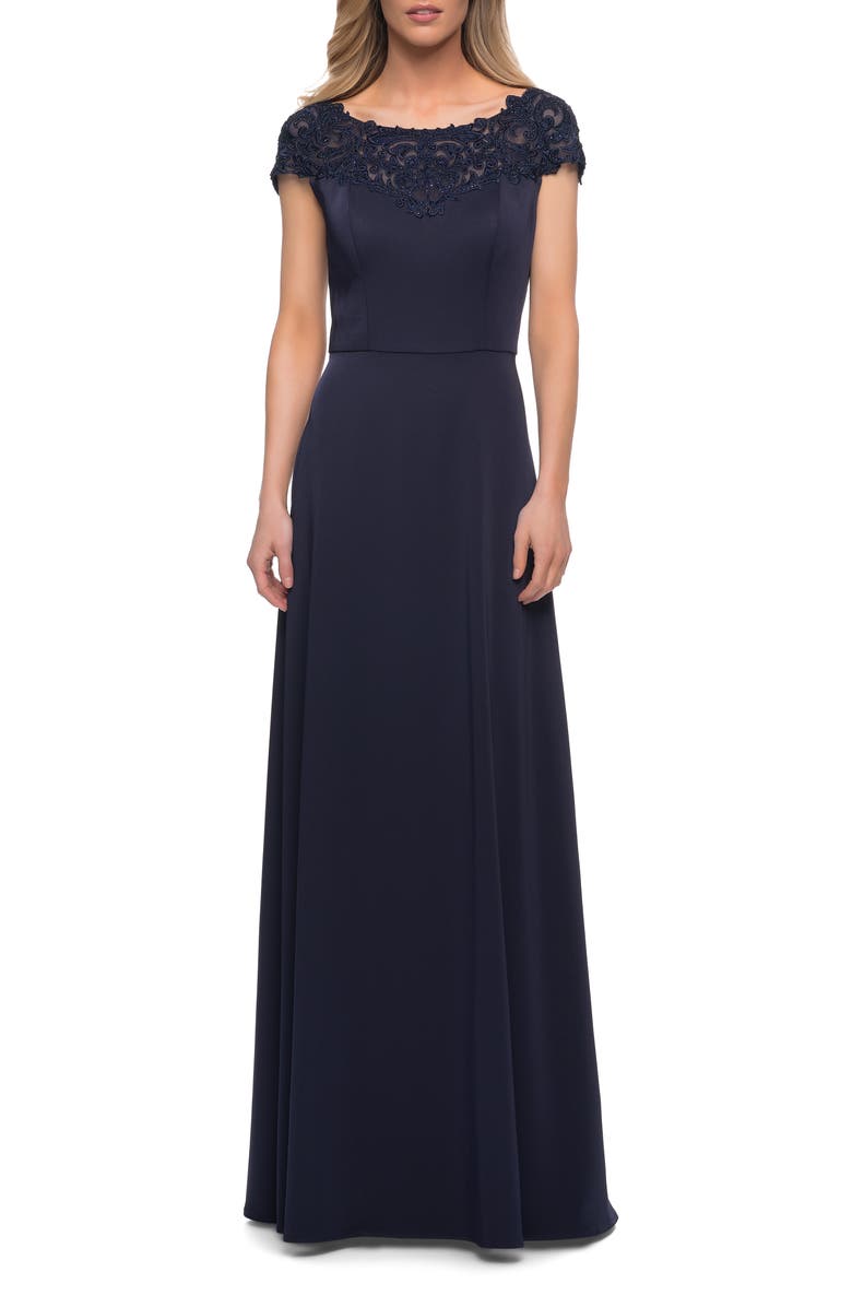 La Femme Jersey Gown with Full Skirt and Lace Detail Top, Main, color, Navy