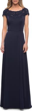 La Femme Jersey Gown with Full Skirt and Lace Detail Top