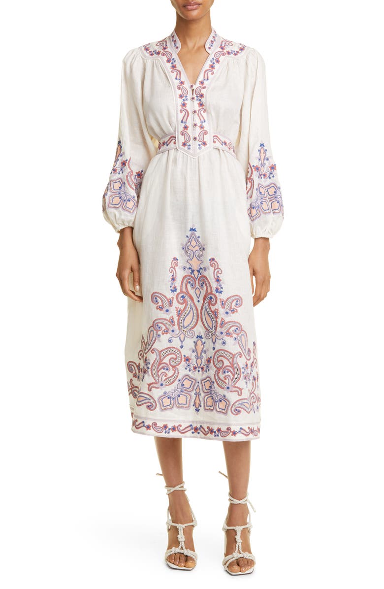 Zimmermann Devi Embroidered Long Sleeve Wrap Linen Midi Dress, Main, color,