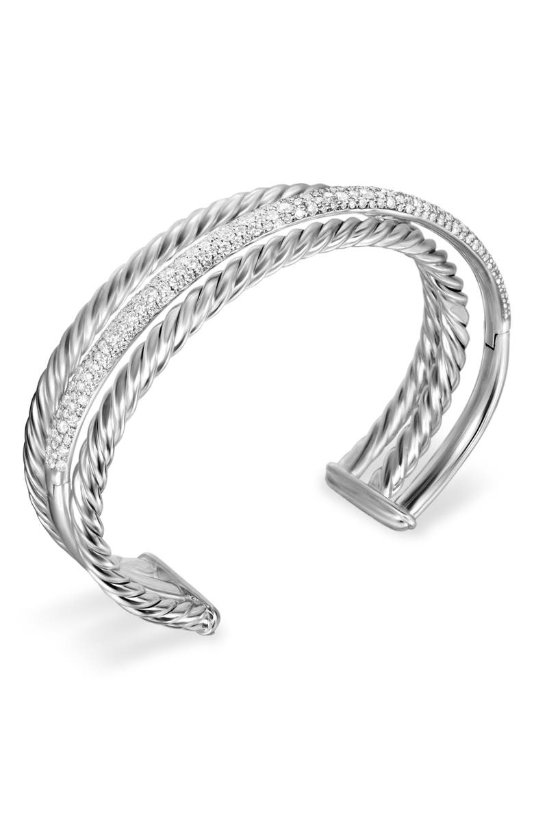 David Yurman Crossover Three-Row Cuff Bracelet in Sterling Silver with Diamonds, 20mm, Alternate, color, Sterling Silver
