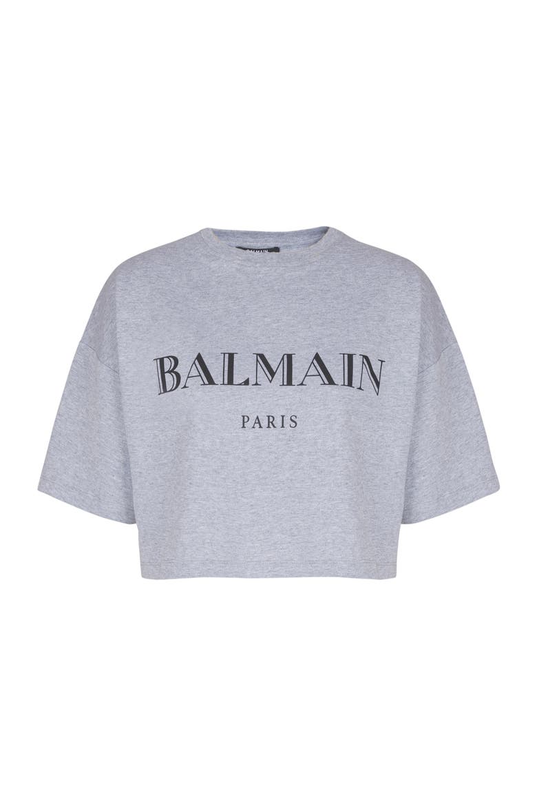 Boxy Cropped T-Shirt with Balmain Print, Alternate, color, grey