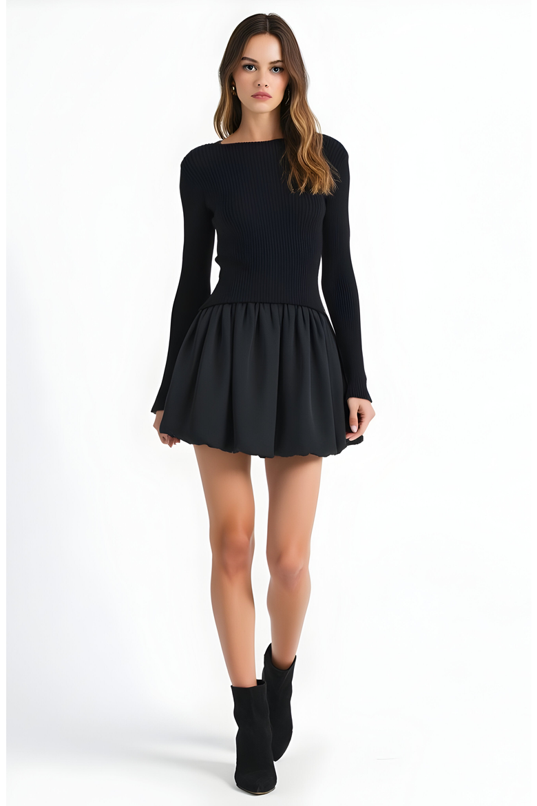Knit and Woven Fit-and-Flare Mini Dress with Ribbed Long Sleeve Top, Main, color, Black