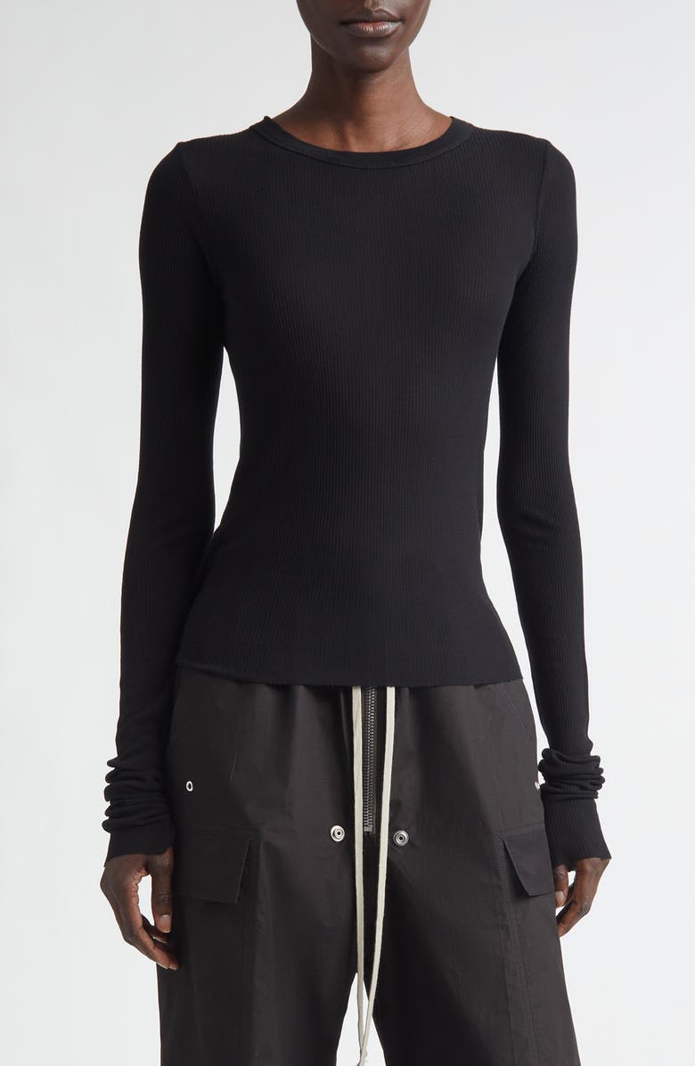 Rick Owens Crop Rib Long Sleeve T-Shirt, Main, color, Black