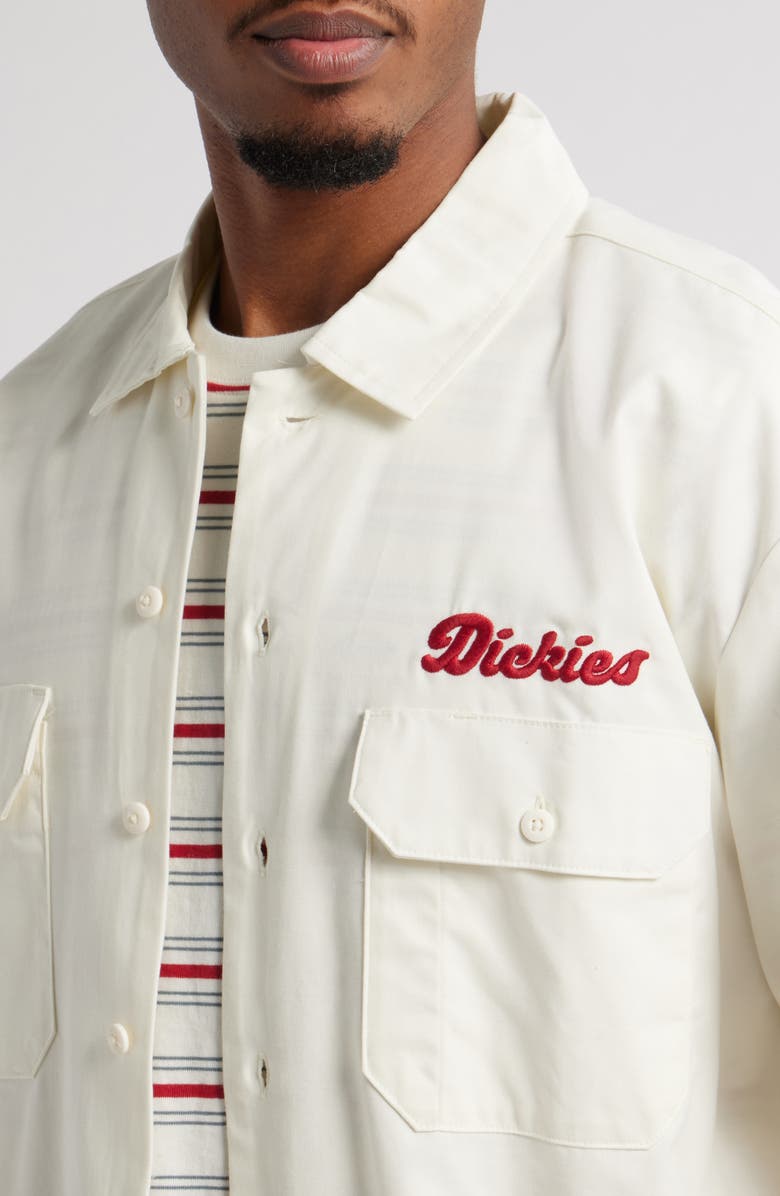 Dickies Lewiston Logo Embroidered Cotton Button-Up Utility Shirt, Alternate, color, Egret