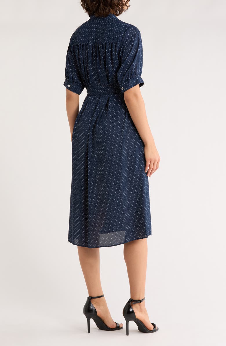 Brooks Brothers Polka Dot Belted Crepe Button-Up Dress, Alternate, color, Navy