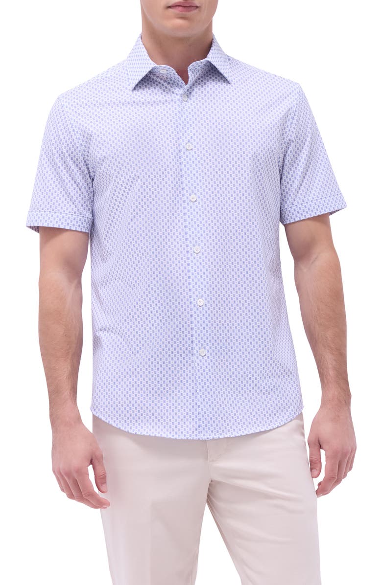 Bugatchi Miles OoohCotton<sup>®</sup> Geo Print Short Sleeve Button-Up Shirt, Main, color, Lilac