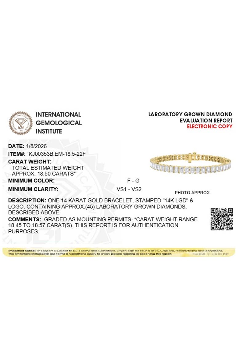 IGI Certified 14K Yellow Gold 18 1/2 Cttw Emerald Cut Lab Grown Diamond Tennis Bracelet, Alternate, color, Yellow Gold