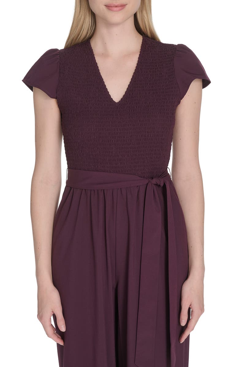 Calvin Klein Smocked Wide Leg Jumpsuit, Alternate, color, Aubergine