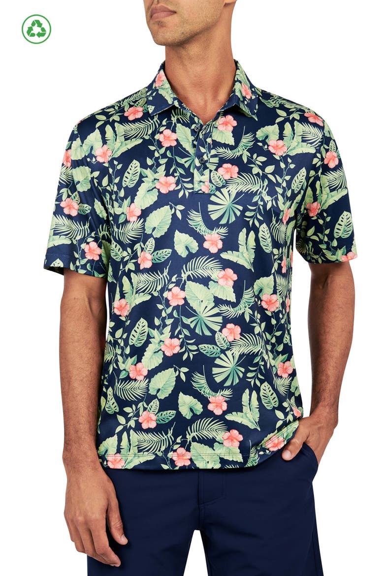 Tropical Leaf Print Performance Golf Polo, Main, color, GREEN