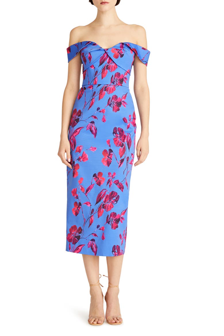 Olivia Floral Off the Shoulder Faille Midi Dress, Main, color, CRAWLING ROSE