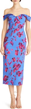 ML Monique Lhuillier Olivia Floral Off the Shoulder Faille Midi Dress