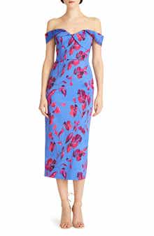 Olivia Floral Off the Shoulder Faille Midi Dress