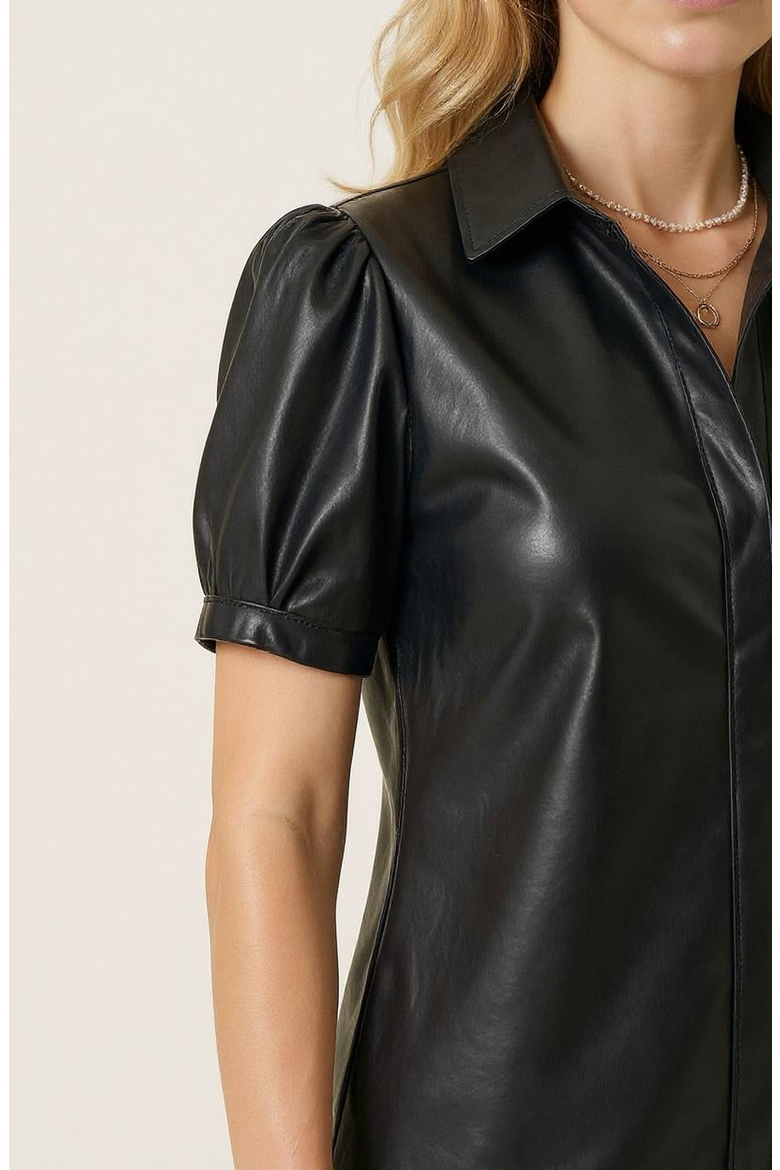 Faux Leather Puff Sleeve Shirt Dress, Alternate, color, Black