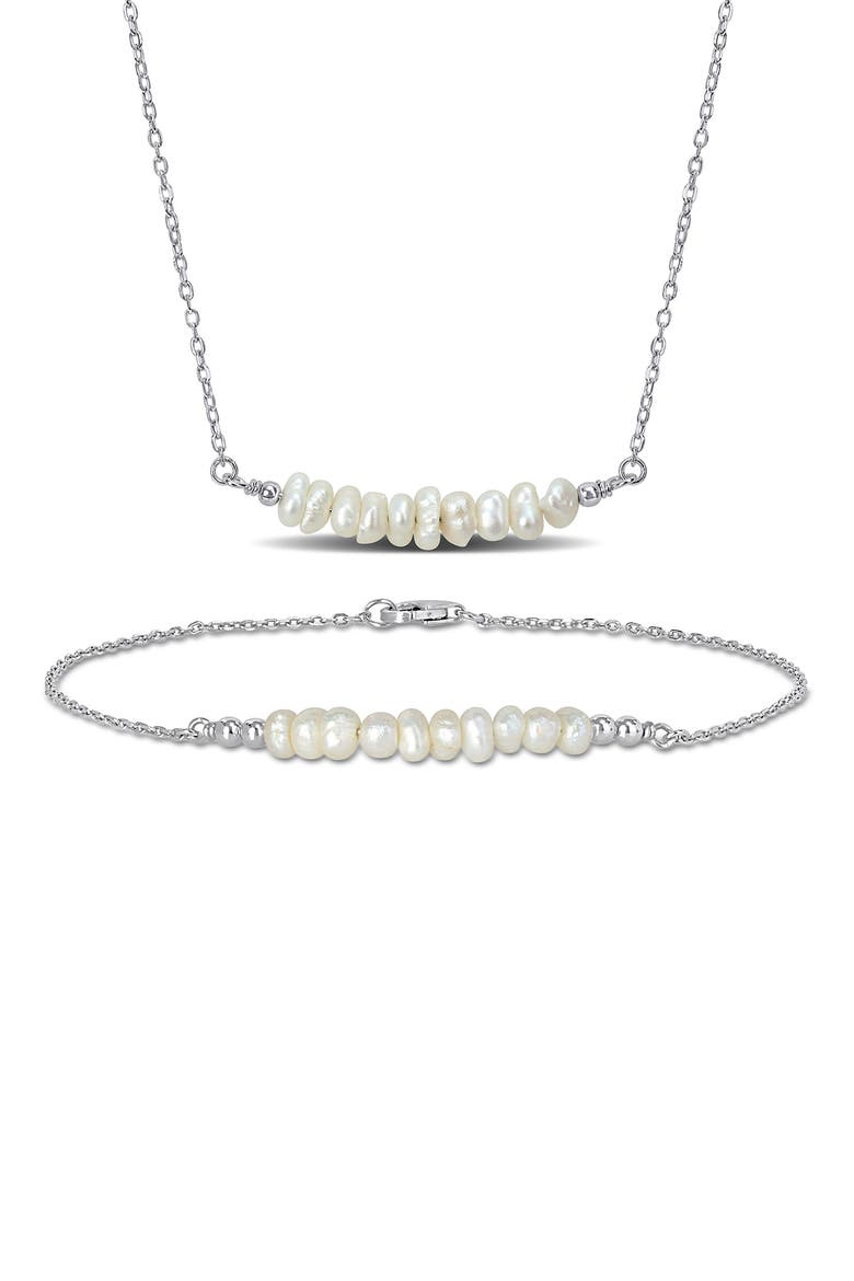 Sterling Silver Cultured Freshwater Pearl Bar Pendant Necklace & Bracelet Set, Main, color, WHITE