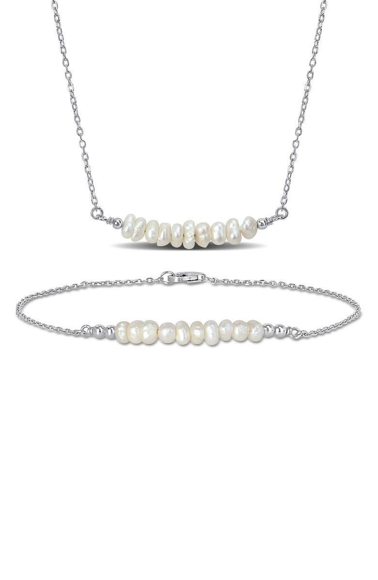 DELMAR Sterling Silver Cultured Freshwater Pearl Bar Pendant Necklace & Bracelet Set, Main, color, White