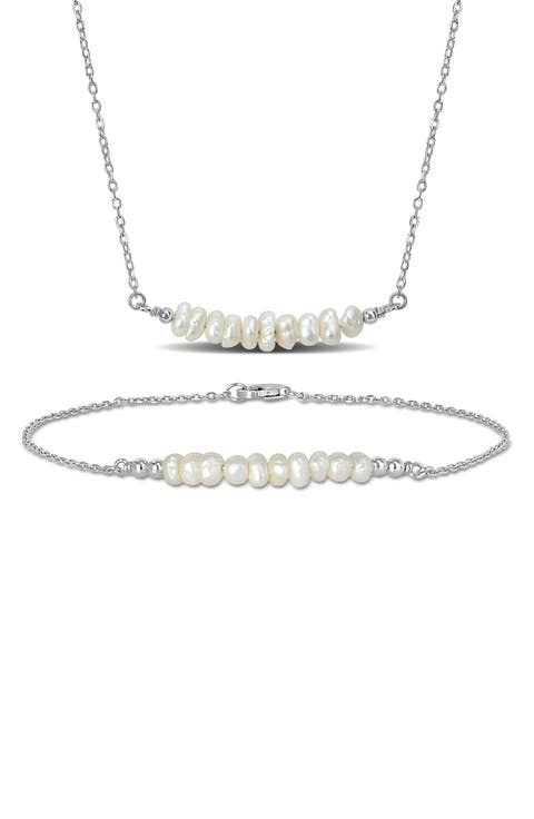 Sterling Silver Cultured Freshwater Pearl Bar Pendant Necklace & Bracelet Set