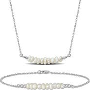 DELMAR Sterling Silver Cultured Freshwater Pearl Bar Pendant Necklace & Bracelet Set
