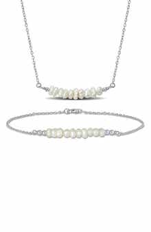 DELMAR Sterling Silver Cultured Freshwater Pearl Bar Pendant Necklace & Bracelet Set