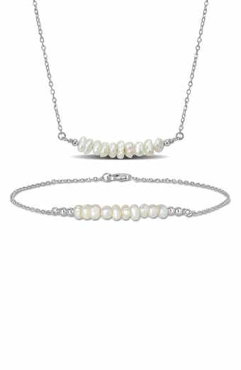 Sterling Silver Cultured Freshwater Pearl Bar Pendant Necklace & Bracelet Set