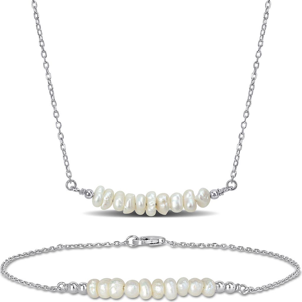 Delmar Sterling Silver Cultured Freshwater Pearl Bar Pendant Necklace & Bracelet Set