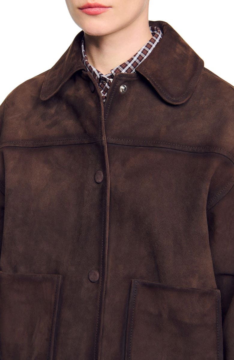 SANDRO Studded suede leather jacket, Alternate, color, Brown