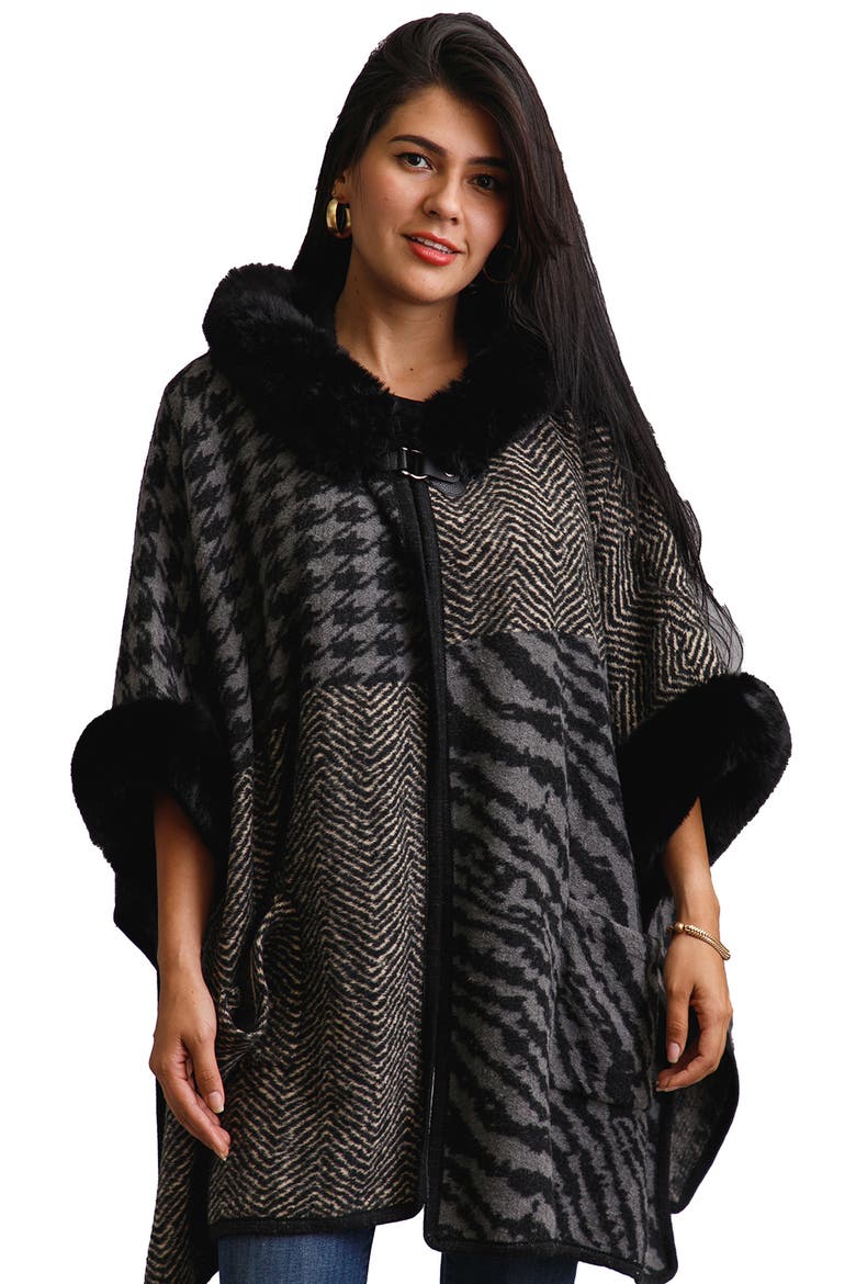 Mixed Print Faux Fur Trim Cardigan, Alternate, color, BLACK