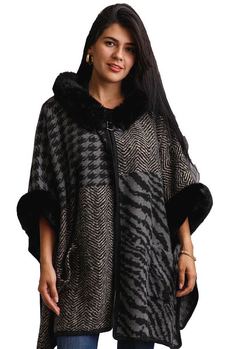 SAACHI Mixed Print Faux Fur Trim Cardigan, Alternate, color, Black