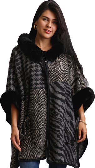 Mixed Print Faux Fur Trim Cardigan