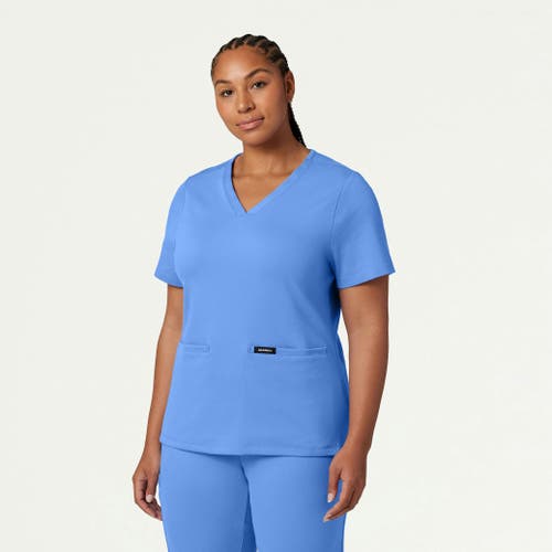 Jaanuu 2-pocket Slim Knit V-neck Scrub Top In Blue