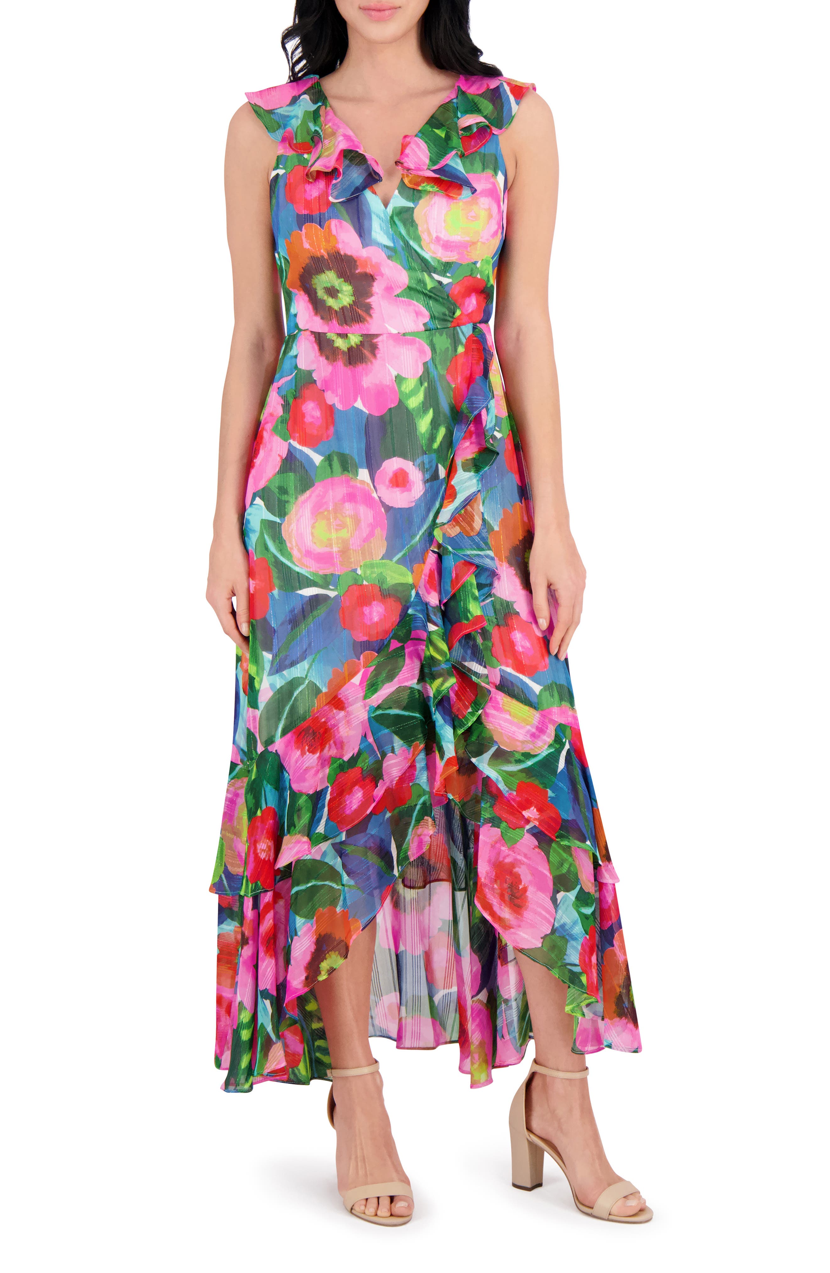 Kensie Tiered Ruffle Wrap Style Midi Dress