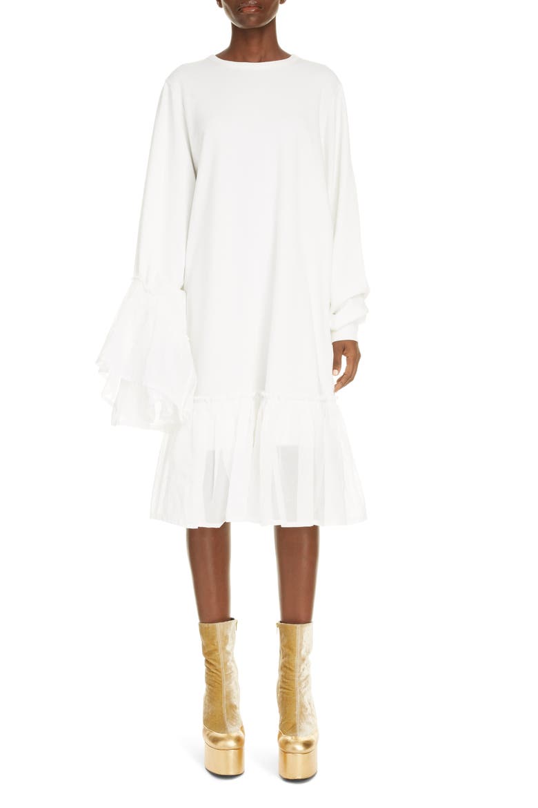 Asymmetrical Ruffle Long Sleeve Shift Dress, Main, color, WHITE