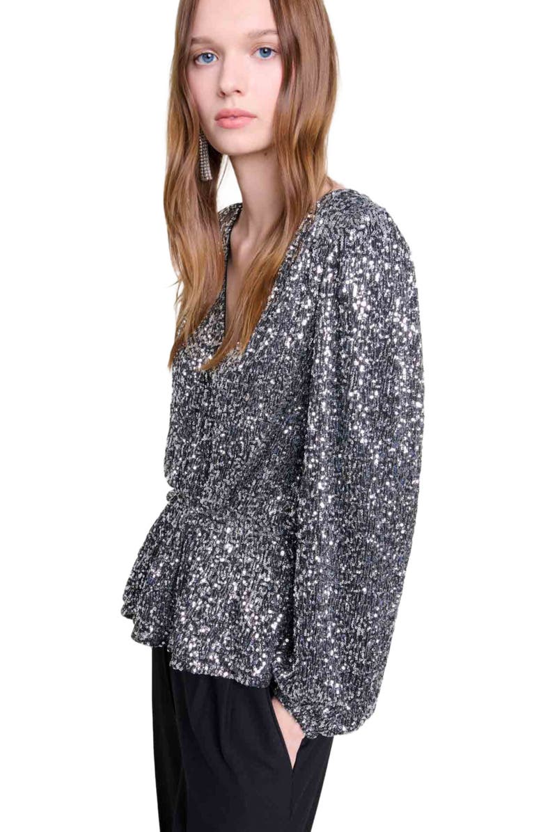 maje Smocked sequin top, Alternate, color, 