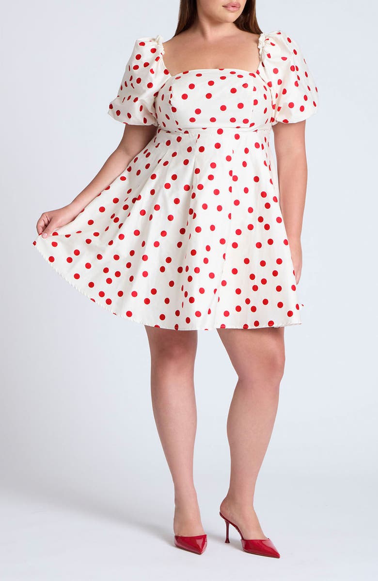 ELOQUII Polka Dot Puff Sleeve Skater Dress, Main, color, 