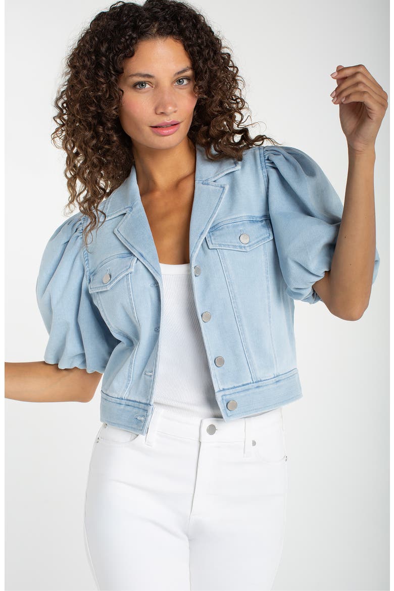 Puff Sleeve Cropped Denim Trucker Jacket, Alternate, color, MARINE SEA