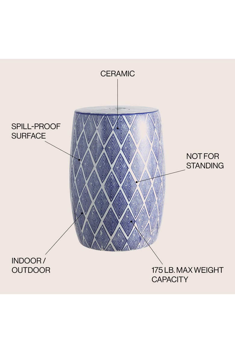 Moroccan Diamonds Bohemian Diamond Geometric Ceramic Indoor/Outdoor Garden Stool Decorative Patio Drum Accent Side Table, Alternate, color, Blue/White