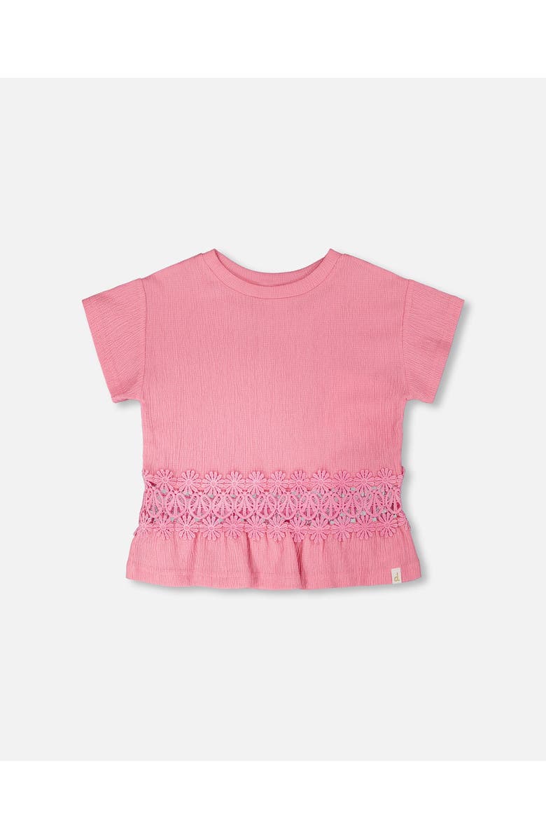 Deux par Deux Crinkle Jersey Long T-Shirt with Crochet Insert, Main, color, Pink