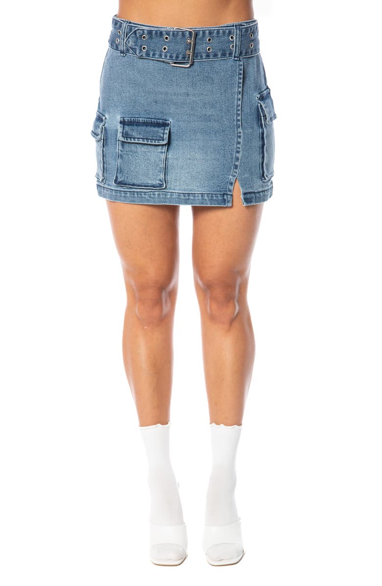 Juicy Couture Belted Cotton Denim Cargo Miniskirt, Main, color, 