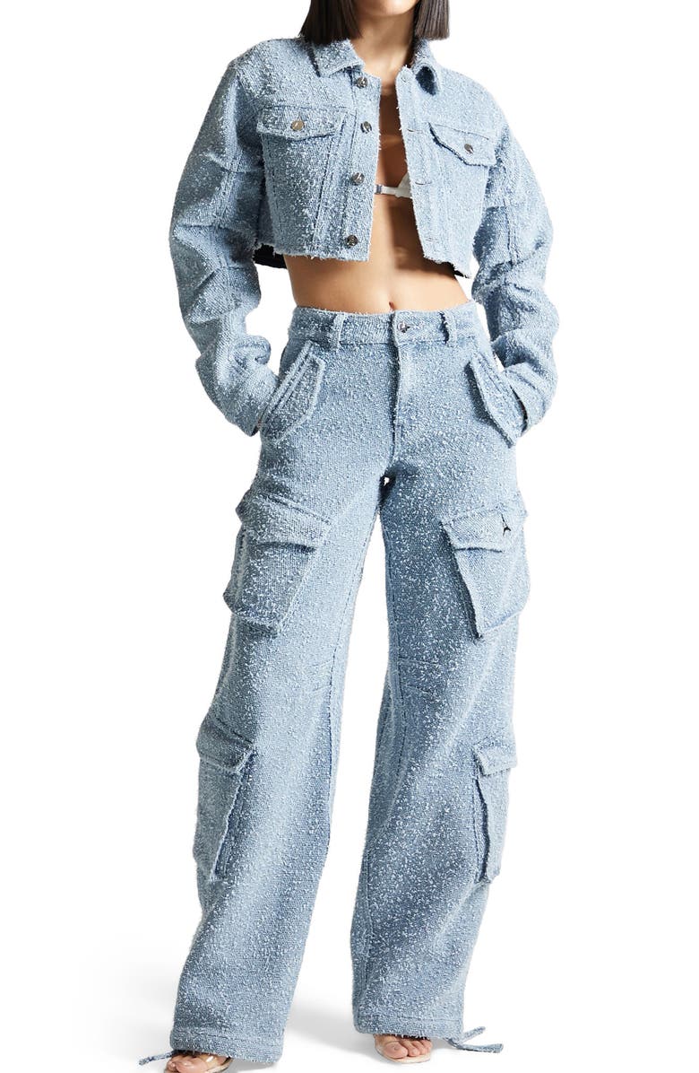 Manière De Voir Anne High Waisted Boucle Denim Cargo Pants, Alternate, color, Mid Blue