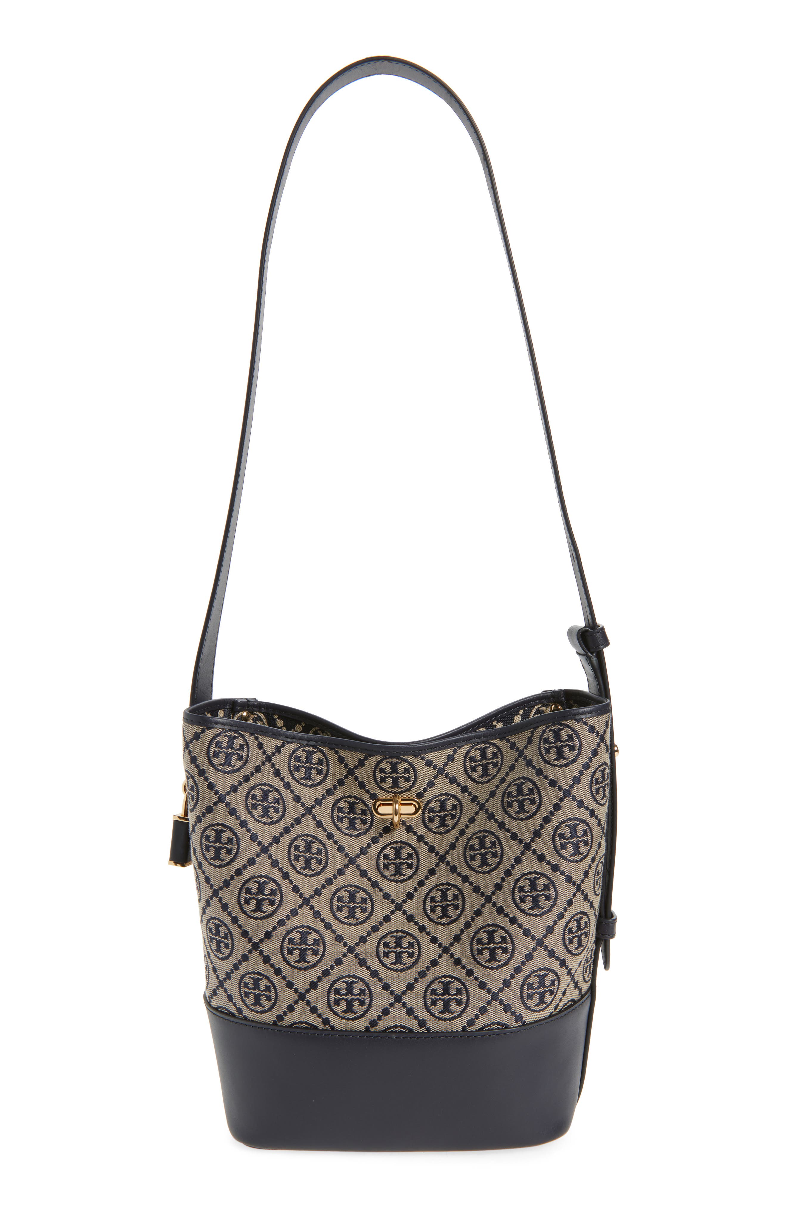 Tory Burch Medium Lock T Monogram Bucket Bag, Main, color, Tory Navy